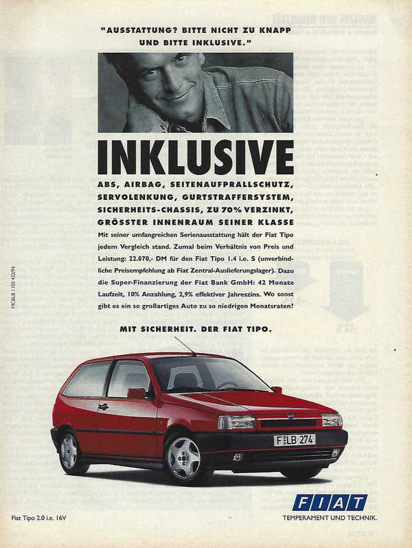 1029 - Werbung Fiat Tipo 2,0 i.e. 16V von 1994